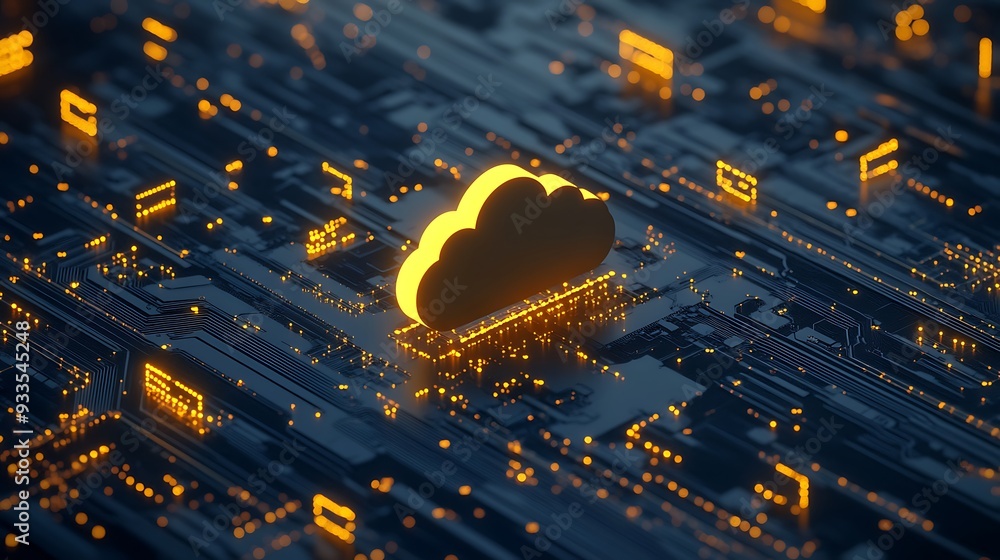 Poster futuristic 3d cloud icon on dark circuit board with glowing data packets - technology concept