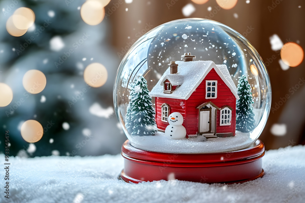 Wall mural snow globe with red house and snowman