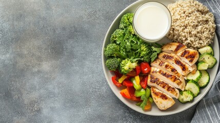 Top view of a healthy dinner featuring grilled chicken steamed vegetables brown rice and a glass of milk. Copy space available