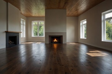 empty living room home interior with wooden floor, fireplace and adequate lighting panoramic wide angle