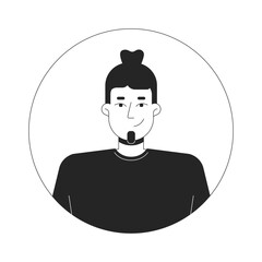 Caucasian man with bun hair and simple t-shirt black and white 2D vector avatar illustration. European male bearded outline cartoon character face isolated. Casual flat user profile image portrait