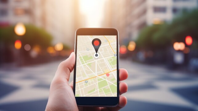 Smartphone with GPS app and marker on destination point. Neural network ai generated art