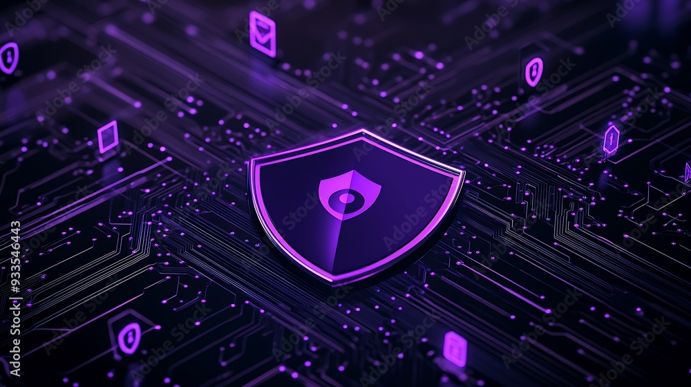 Poster cyber security concept with 3d shield icon on dark circuit board with glowing purple security symbol