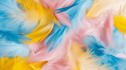 Colorful feathers pink, yellow, blue, Mardi Gras concept  Vibrant color scheme with many bright, colorful colors