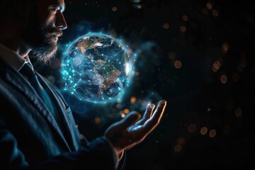 Businessman with glowing earth hologram, dark backdrop, global network, social media tech.