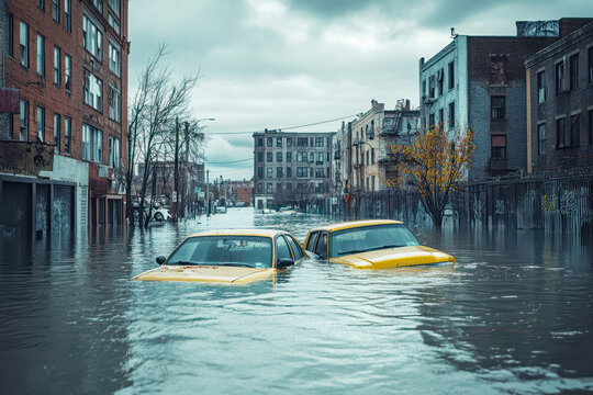 Flooded urban street with partially submerged cars, damaged buildings, and overcast skies reflecting the aftermath of a natural disaster - Powered by Adobe