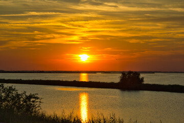 Naklejka premium Charming orange sunset over the water, with reflections