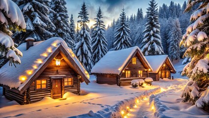 Fototapeta premium Charming Log Cabins with Christmas Lights in a Snowy Winter Forest