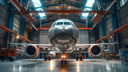 modern, big passanger modern aircraft in the hangar, in sunlight