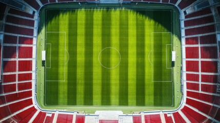 Obraz premium Top view of a soccer stadium with empty stands highlighting the symmetry of the field and seats. Copy space available