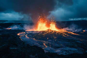 volcanic eruption, lava flowing