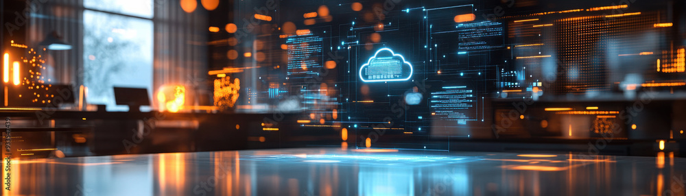 Poster cloud file integration, a high-tech hologram illustrating file integration in a cloud network, with 
