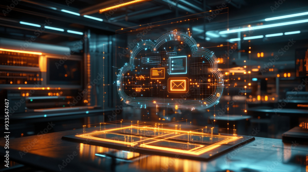 Poster cloud file integration, a high-tech hologram illustrating file integration in a cloud network, with 
