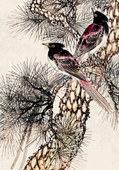 Bird Art. Oriental-style bird illustration. Digital watercolor on a grunge beige background.