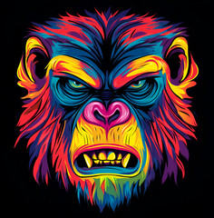 Fototapeta premium Sinister Neon Ape with Explosive Colors and Menacing Expression on a Dark Background, Showcasing Intense and Fierce Digital Art