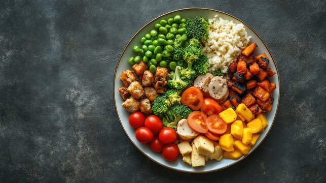 Top view of a well-balanced dinner plate with portions from all five food groups. Copy space available