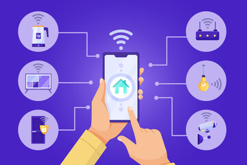 Illustration of hands holding a smartphone controlling various smart home devices. Concept of home automation, smart technology. Vector illustration
