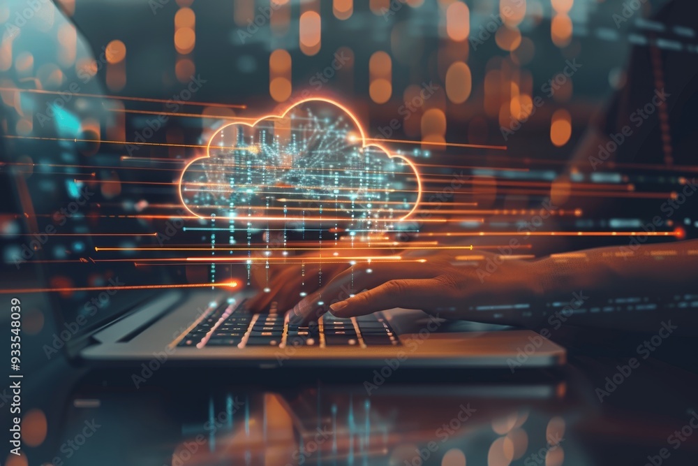 Poster hands typing on laptop keyboard over futuristic cloud computing technology, big data network.