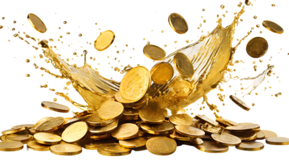 gold coins Splash on a white isolated background. Generative AI.