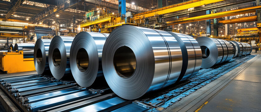 Galvanized steel coils,  Close-up of galvanized steel coils being processed on high-tech production lines. Elements include large machines, rollers, and cutting equipment in a