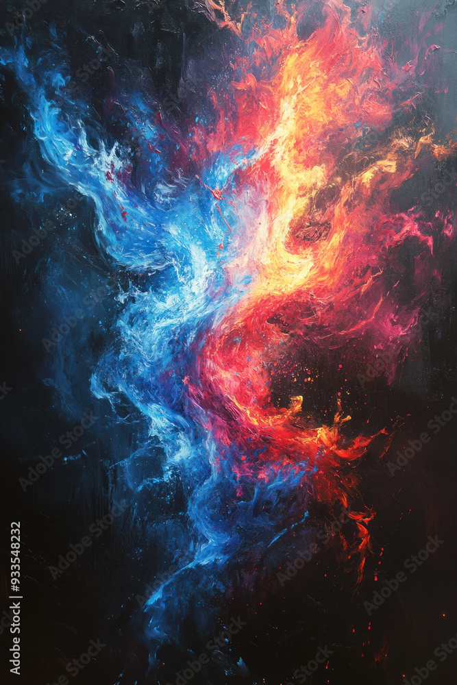 Poster versus background, dynamic collision of neon blue and red energy, creating a bright splash effect, s
