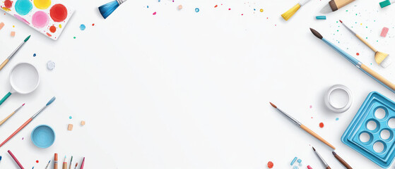 Obraz premium school art supplies, Flat minimal illustration featuring a palette, easel, and various art tools scattered on a white surface, capturing a joyful essence of creativity in an