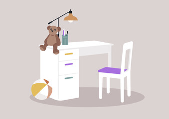 A cheerful child’s room features a clean desk with a teddy bear and colorful beach ball, inviting creativity and play