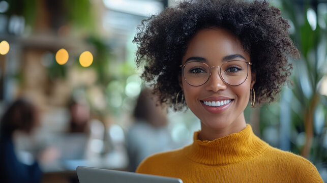 Project Coordinator,  Joyful female project coordinator displays a mockup notebook computer while smiling at the camera. The backdrop features indistinct colleagues interacting in a