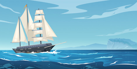 Obraz premium An illustration of a large sailing ship with white sails on the open ocean, with mountains in the background. The scene depicts a maritime concept. Vector illustration