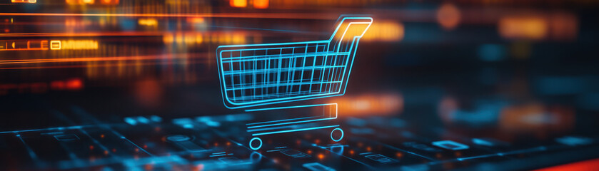 Online shopping e-commerce,  Showcasing a floating holographic shopping cart, this scene features annotations that provide instant information about items, such as discounts and