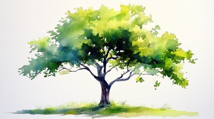 Obraz premium Watercolor Tree with Verdant Foliage on White Canvas, Capturing Nature’s Beauty in a Serene and Artistic Scene