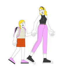 Schoolgirl mother holding hands 2D cartoon characters. Blonde caucasian females isolated flat vector people white background. Parent mom taking daughter to school color spot illustration