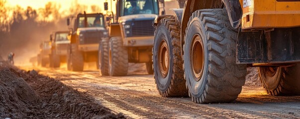 Construction vehicles and equipment lined up on a dusty road, ready for the day's work, capturing the preparation and anticipation