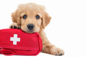 Cute Labrador Retriever puppy portrait with red first aid kit in teeth and paws lies on the floor isolated on white background. Dog holding emergency aid set in mouth.