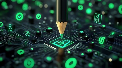 Futuristic 3D Pencil Icon on Glowing Creativity Circuit Board