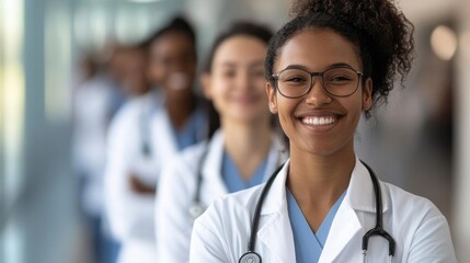 Smiling female doctor in front of colleagues, portraying teamwork and professionalism in a healthcare environment.