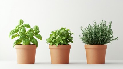 Obraz premium A trio of potted herbs featuring basil, mint, and thyme, showcasing vibrant green leaves against a clean backdrop.