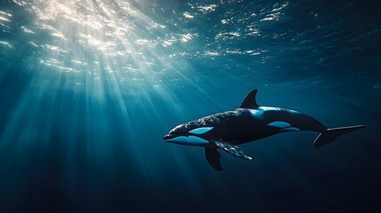 Obraz premium Orca swimming in bright blue ocean, sunbeams penetrating water surface, underwater, crystal clear water, vibrant marine life, light rays illuminating deep sea.