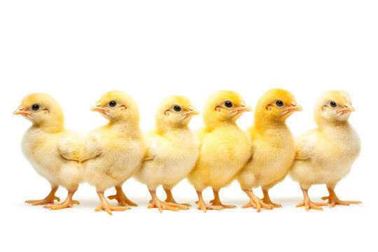 Yellow broilers on a white background, beautiful young chickens