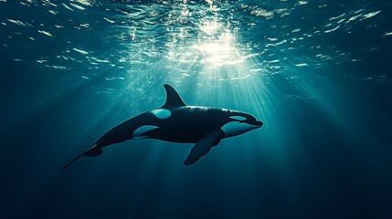 Naklejka premium Orca swimming in bright blue ocean, sunbeams penetrating water surface, underwater, crystal clear water, vibrant marine life, light rays illuminating deep sea.