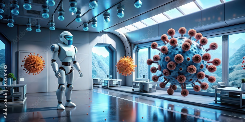 Fototapete Advanced robotic virus simulation in a futuristic laboratory setting, robot, virus, simulation, technology