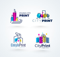 Obraz premium Set Logo City Print СMYK Printing Polygraphy theme. Silhouette Buildings lines style. Template design vector. White background.