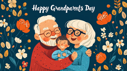 happy grandparents day image, greeting card design in cartoon style