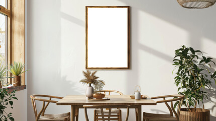 Bright mock up frame in a sunlit dining room with white walls and boho accents, isolated on transparent background, perfect for fresh, airy interiors