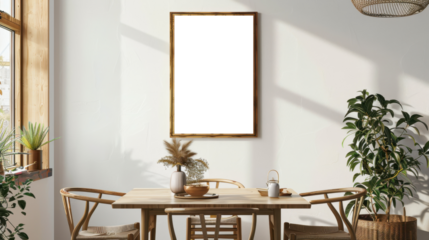 Bright mock up frame in a sunlit dining room with white walls and boho accents, isolated on transparent background, perfect for fresh, airy interiors