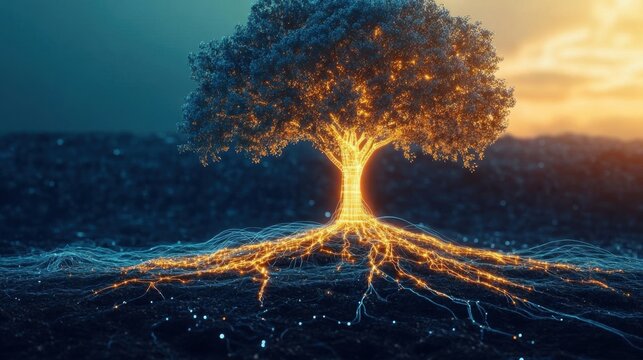 A single tree with lush green leaves stands tall, its roots extending into a network of glowing lines, representing growth and connection.