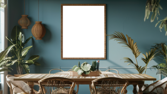 Elegant mock up frame in a luxurious dining area with dark green walls and gold accents, isolated on transparent background, ideal for sophisticated, modern interiors