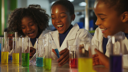 Group of cheerful African American students in lab coats laughing and enjoying experiments with colorful test tubes. The image focuses on their animated expressions and hands working with glassware,