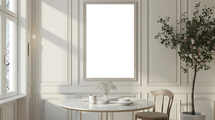 Elegant mock up frame in a minimalist dining space with light grey walls and simple decor, isolated on transparent background, ideal for modern, understated interiors