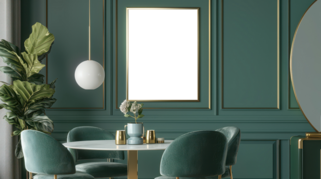 Contemporary mock up frame in luxurious dining area with dark green tones and gold accents, isolated on transparent background, ideal for premium interior presentations